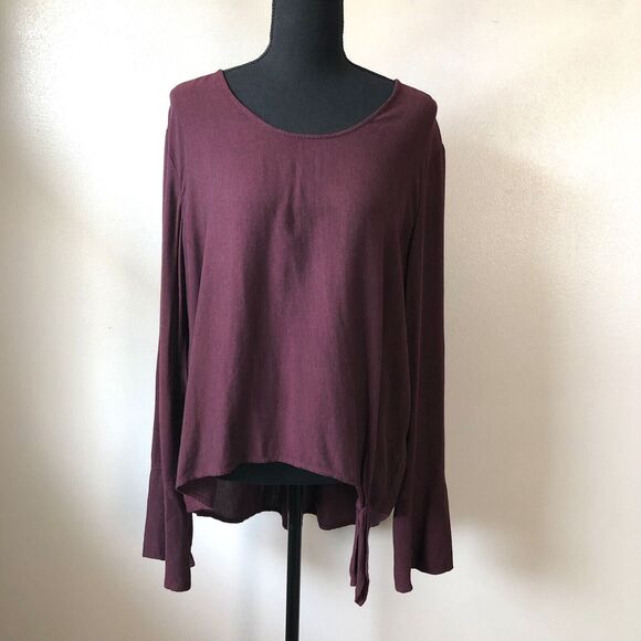 Cloth & Stone Anthropologie Shirt Medium Knot Front Tunic Split Sleeve Burgundy - Picture 1 of 13